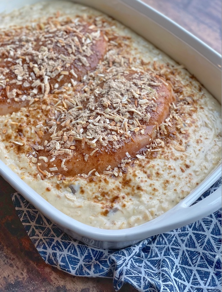 No Peek baked chicken recipe with creamy rice and chicken breasts, topped with onion soup mix. 
