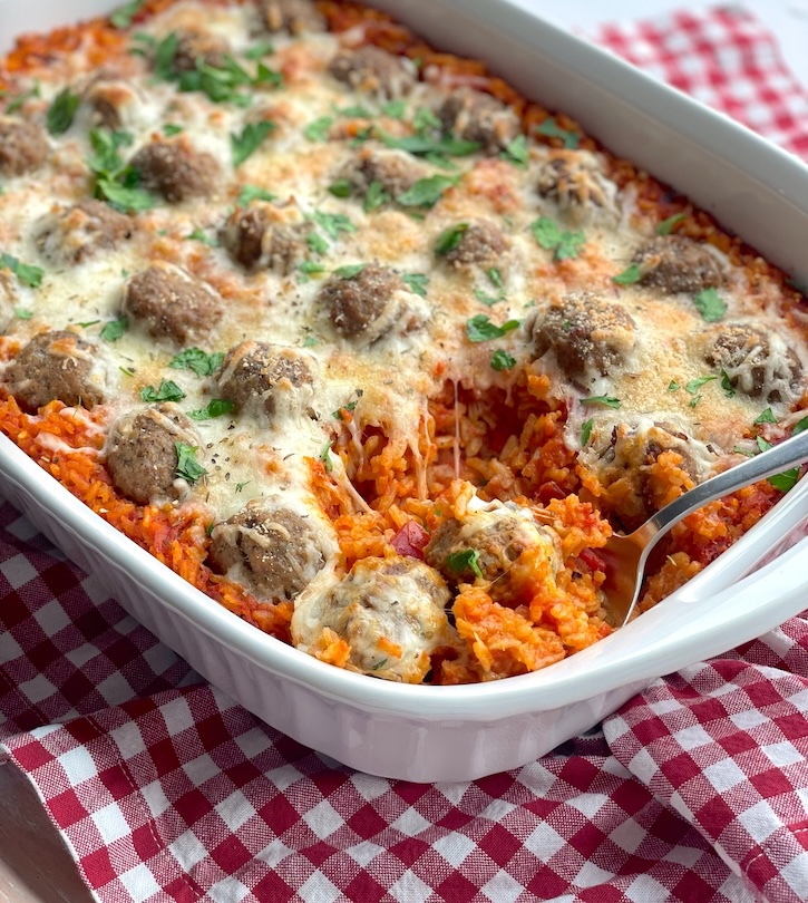 Dump & Bake Cheesy Meatball Rice Casserole-image