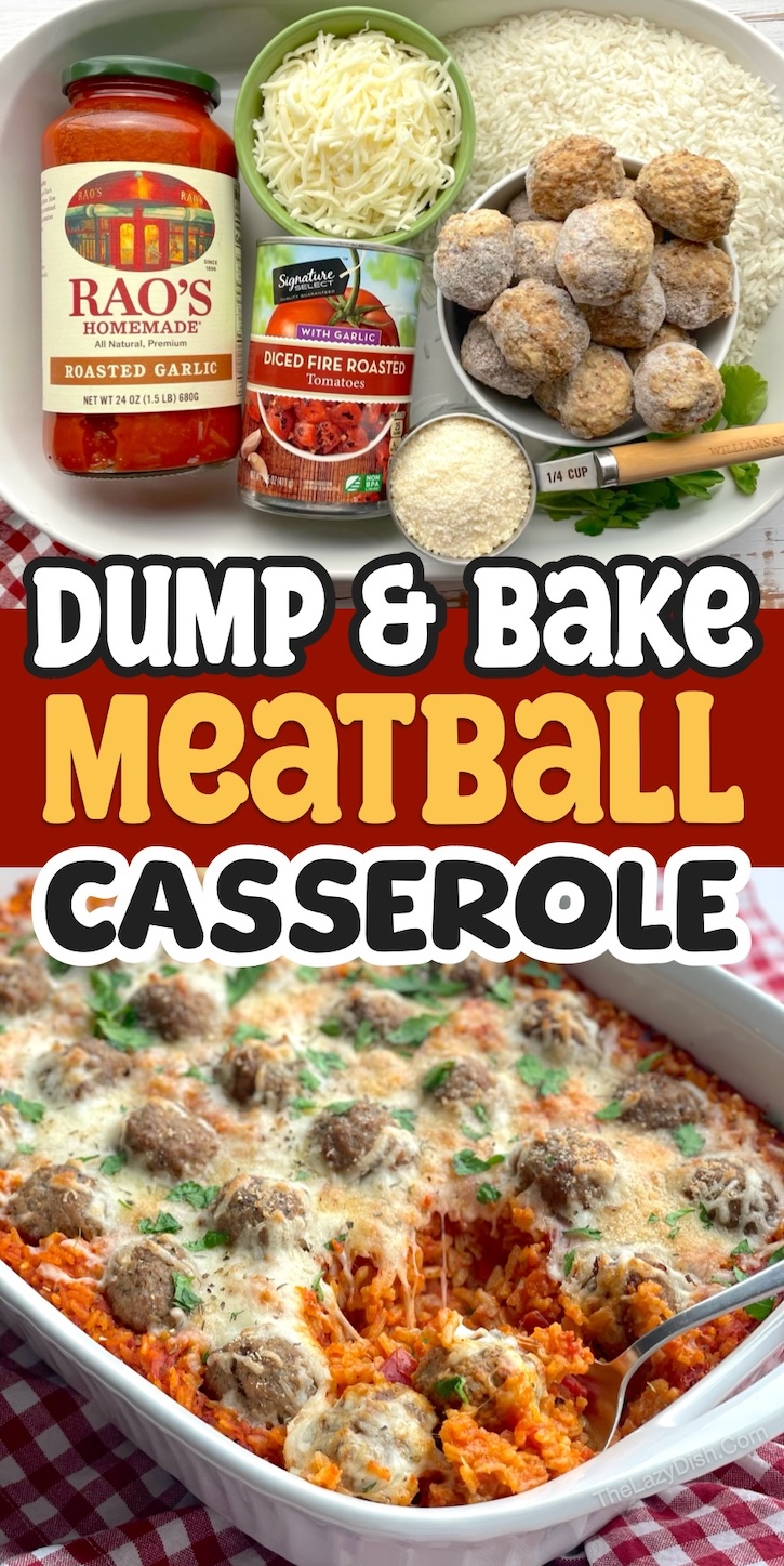 Are you looking for frozen meatball dinner ideas? This Dump & Bake Meatball & Rice Casserole is a one pan meal that your entire family will enjoy! Super simple and cheap to make with Minute instant rice, frozen Italian meatballs, pasta sauce, diced tomatoes, and cheese. A fun and tasty recipe the entire family will enjoy! My kids always go back for seconds. 