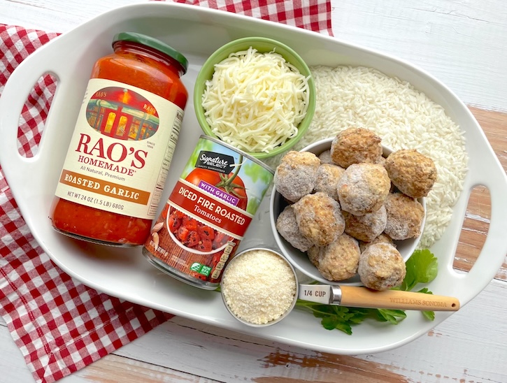 Ingredients to make a dump and bake meatball casserole with rice!