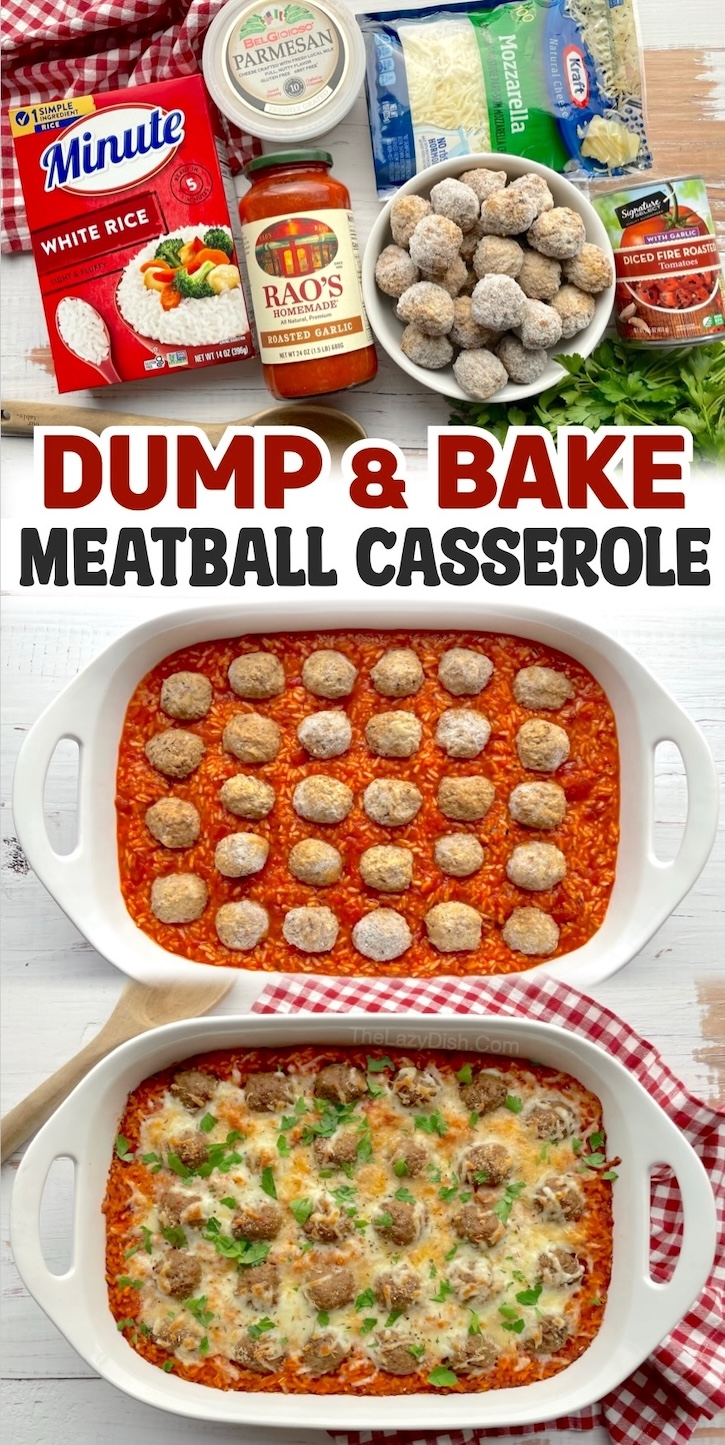 Dump & Bake Meatball Rice Casserole | Such as fun way to make frozen meatballs for dinner! This cheesy rice casserole is loaded with flavor, easy to make in just one dish, budget friendly, kid approved, and so simple for mom to make on busy school nights, especially if you have a house full of picky eaters to feed. 