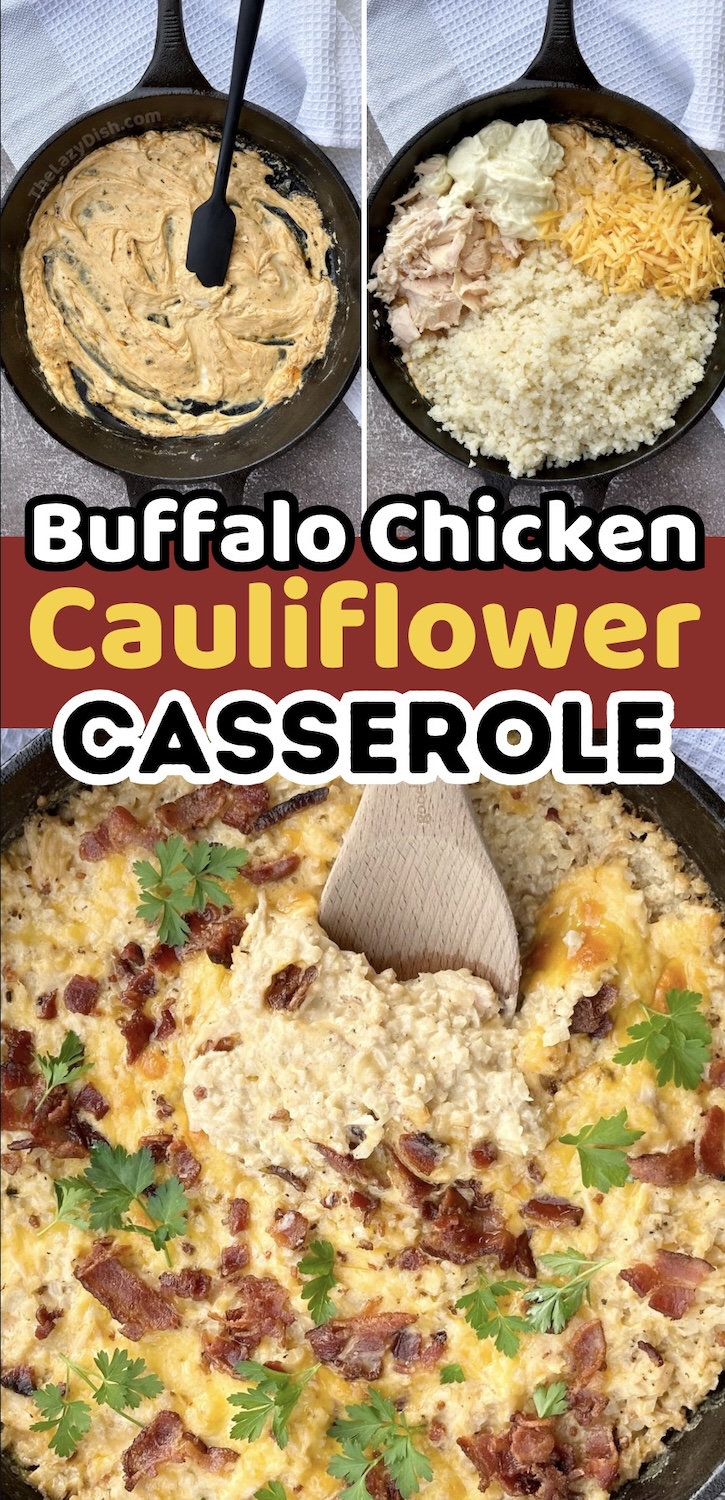 Simple to make dinner casserole using budget friendly ingredients. This buffalo chicken and cauliflower casserole is creamy and cheesy and perfect for busy weeknights. In 30 minutes you can make a hearty and healthy dinner the whole family will love, including your picky kids.