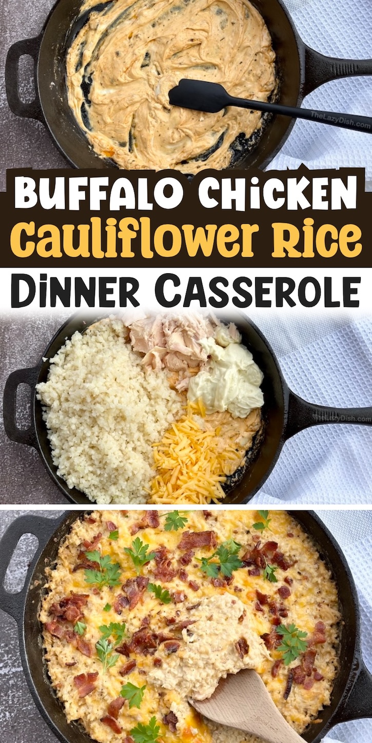 Cheesy Cauliflower Rice Buffalo Chicken Casserole | Easy, low carb, delicious and family friendly! This yummy cast iron skillet casserole is loaded with vegetables, lots of cheese, crispy bacon, and a can of chicken to make it extra easy for busy weeknight meals.