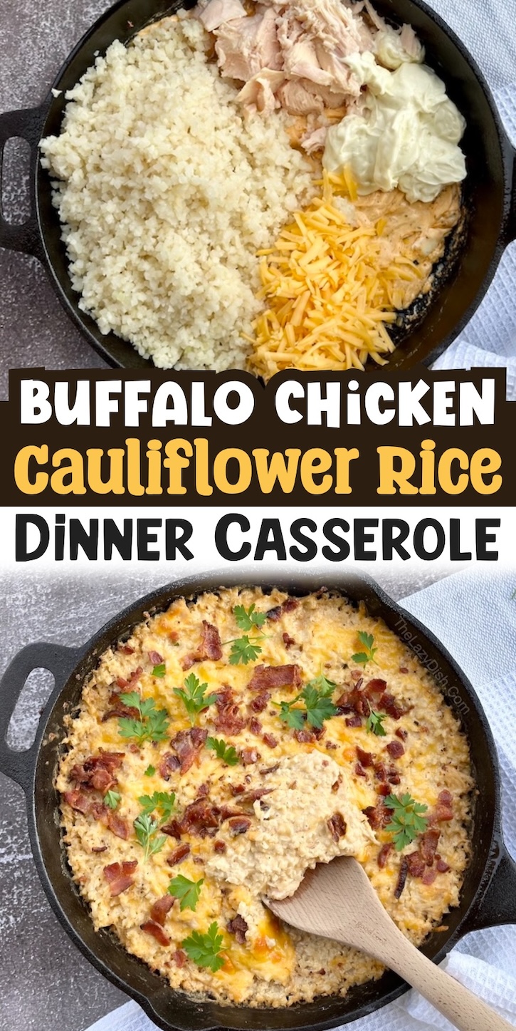 This yummy family dinner casserole is super quick and simple to make with just a few ingredients! Frozen cauliflower rice, cream cheese, cheddar, bacon, and canned chicken. Fast to make on busy school night for your picky family. As a bonus, it's naturally low carb and loaded with healthy veggies!