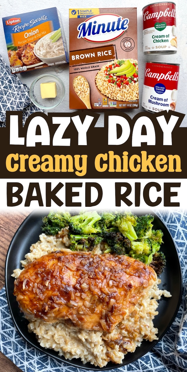 Lazy Day Creamy Chicken Baked Rice is a super easy dinner recipe for busy weeknight meals! My kids love this delicious chicken dinner, also known as forgotten chicken or no peek chicken. A classic dinner recipe made with the just a few cheap ingredients!