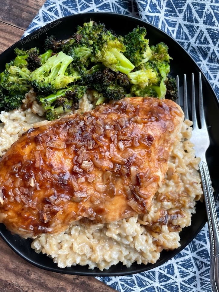 Forgotten Chicken Casserole with a side of broccoli. A yummy and easy dinner idea for a family with picky kids. 