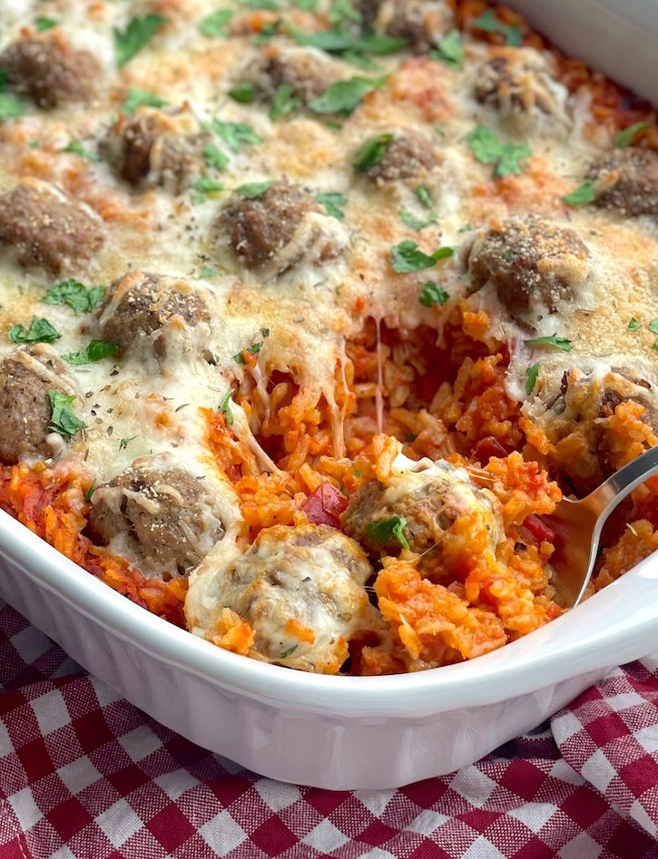 This Cheesy Meatball & Rice Dinner Casserole is yummy meal for a large family with picky kids. 
