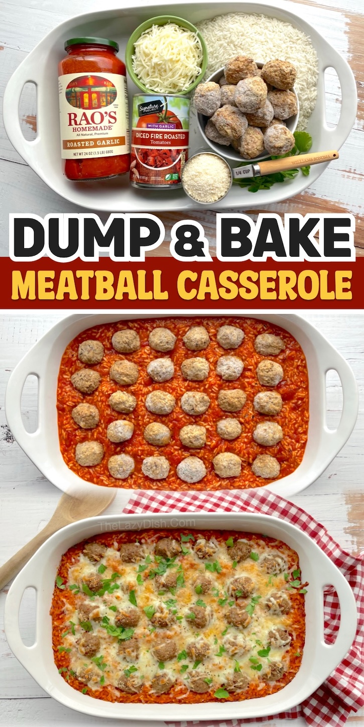Easy Cheesy Meatball & Rice Casserole | A yummy family dinner recipe for your picky eaters! If you're looking for delicious meals to make with frozen meatballs, add this casserole to your dinner menu. It only takes 5 minutes to prep and everything is made in just one dish! Easy clean up for busy school nights. 