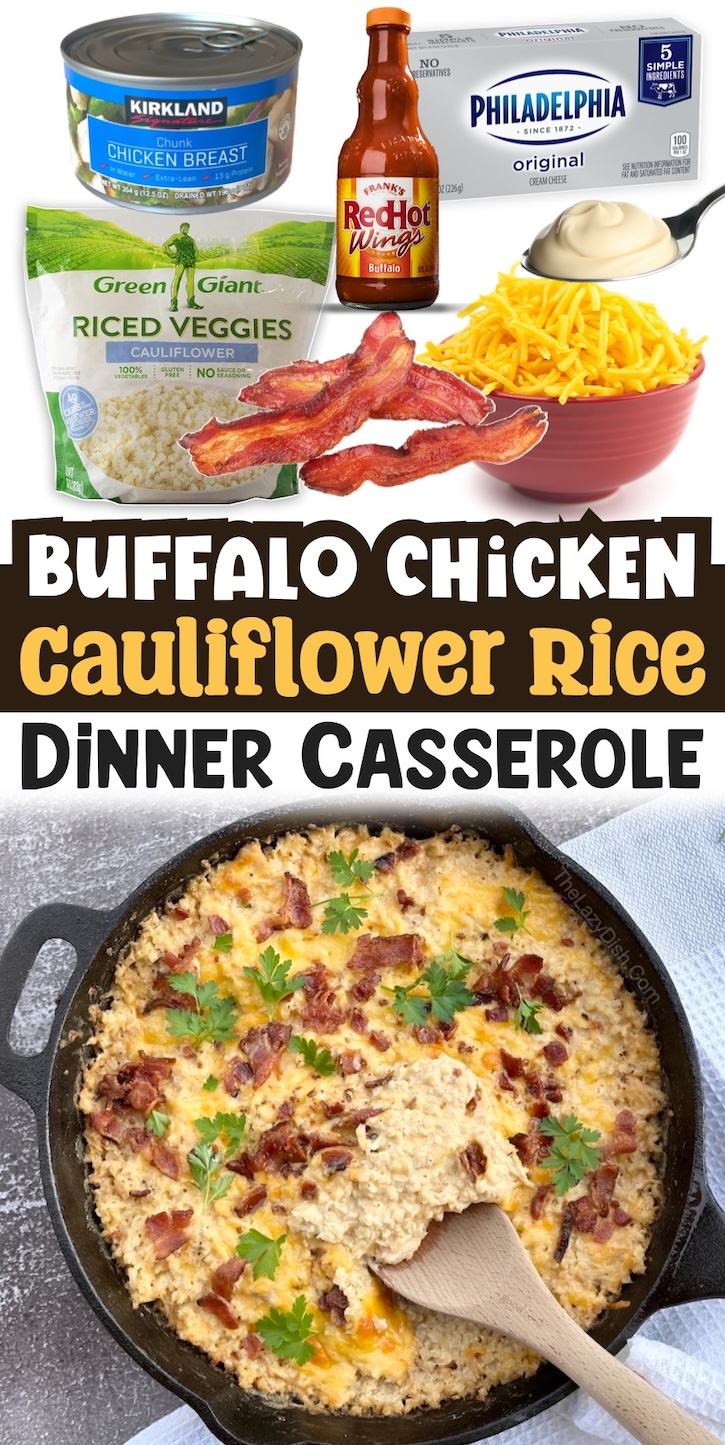 Are you looking for healthy dinner ideas for your family? You've got to try this easy cheesy buffalo chicken and cauliflower rice casserole! It's so simple to make in just one pan with a few basic and cheap ingredients. It's healthy comfort food!