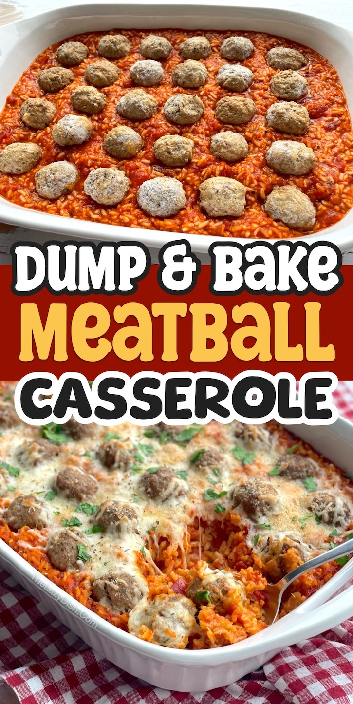 This dump and bake meatball rice casserole is a family favorite dinner on busy weeknights! It's so easy to make with just a few cheap ingredients including frozen meatballs, instant rice, pasta sauce, and cheese. Serve this main dish with your favorite side of veggies or salad to make the meal complete. 