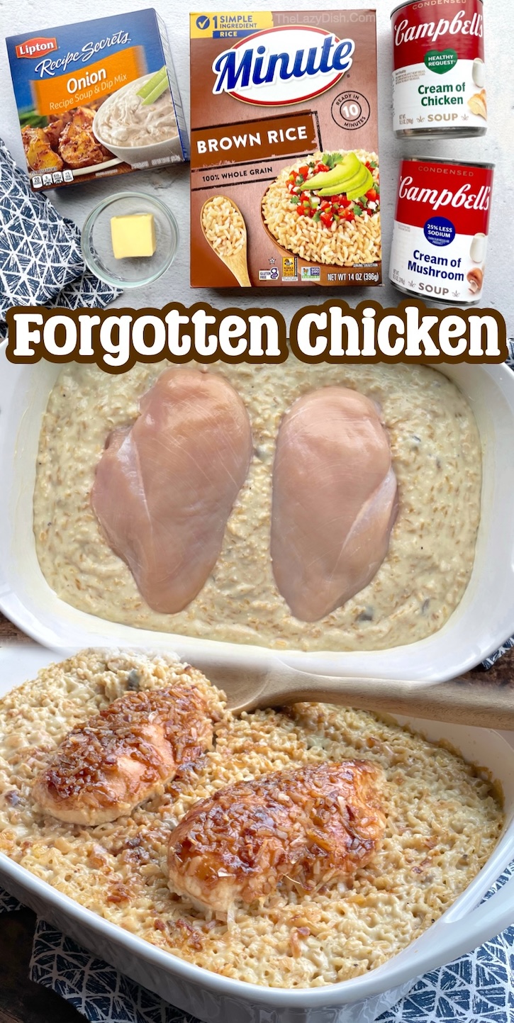 Forgotten Chicken is a classic dinner casserole made with just a few cheap ingredients including Instant rice, 2 can of cream soup, butter, and a packet of onion soup mix to make a flavorful and yummy dinner for a family with kids. 