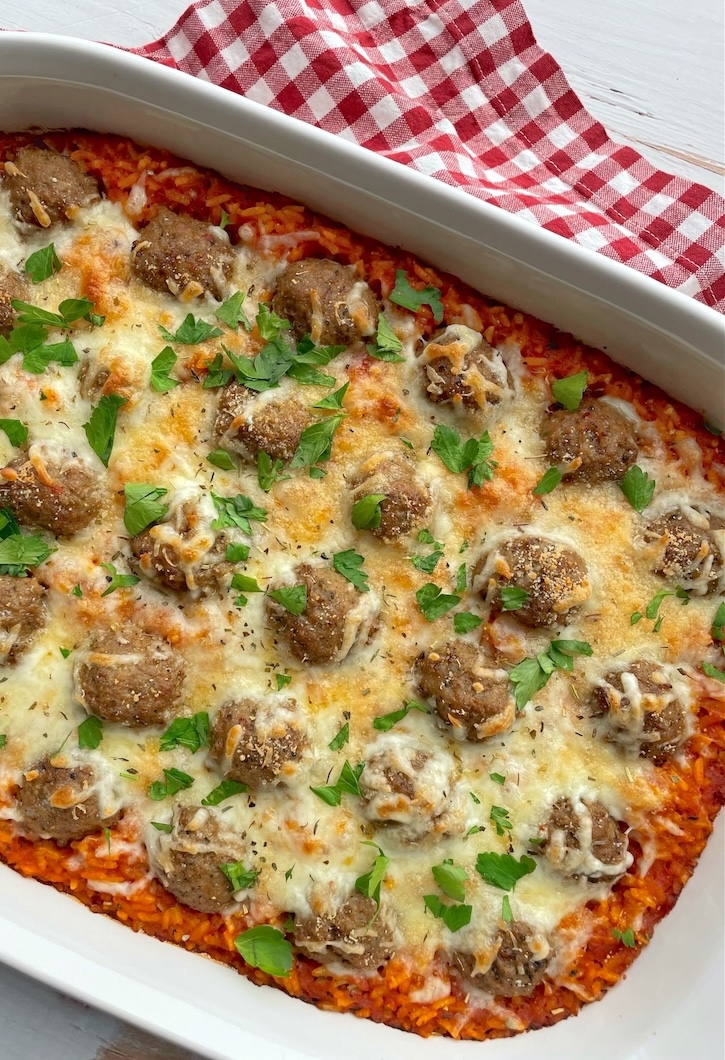 Dump & Bake Cheesy Meatball Rice Casserole