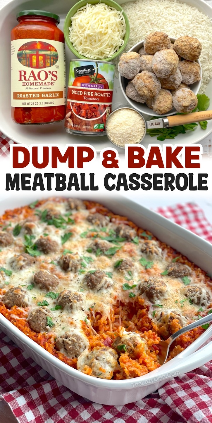 Cheesy Rice & Meatball Casserole | If you're looking for easy family dinner recipes to make tonight, this frozen meatball casserole is a huge hit with my kids! It's perfect for feeding a large family or you can get two meals out of it because it's just as yummy leftover the next day. 