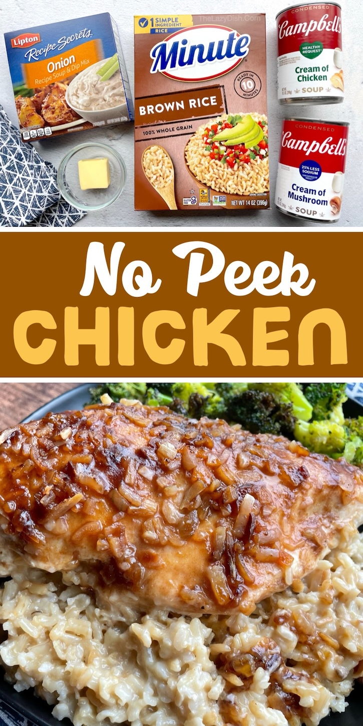 No Peek Chicken & Rice is a fun and easy dinner idea for a family with kids! This one pan meal is perfect for busy weeknights when you've got a hungry family to feed but are too lazy to spend all night in the kitchen cooking and cleaning. A budget friendly meal that will leave everyone with full bellies!