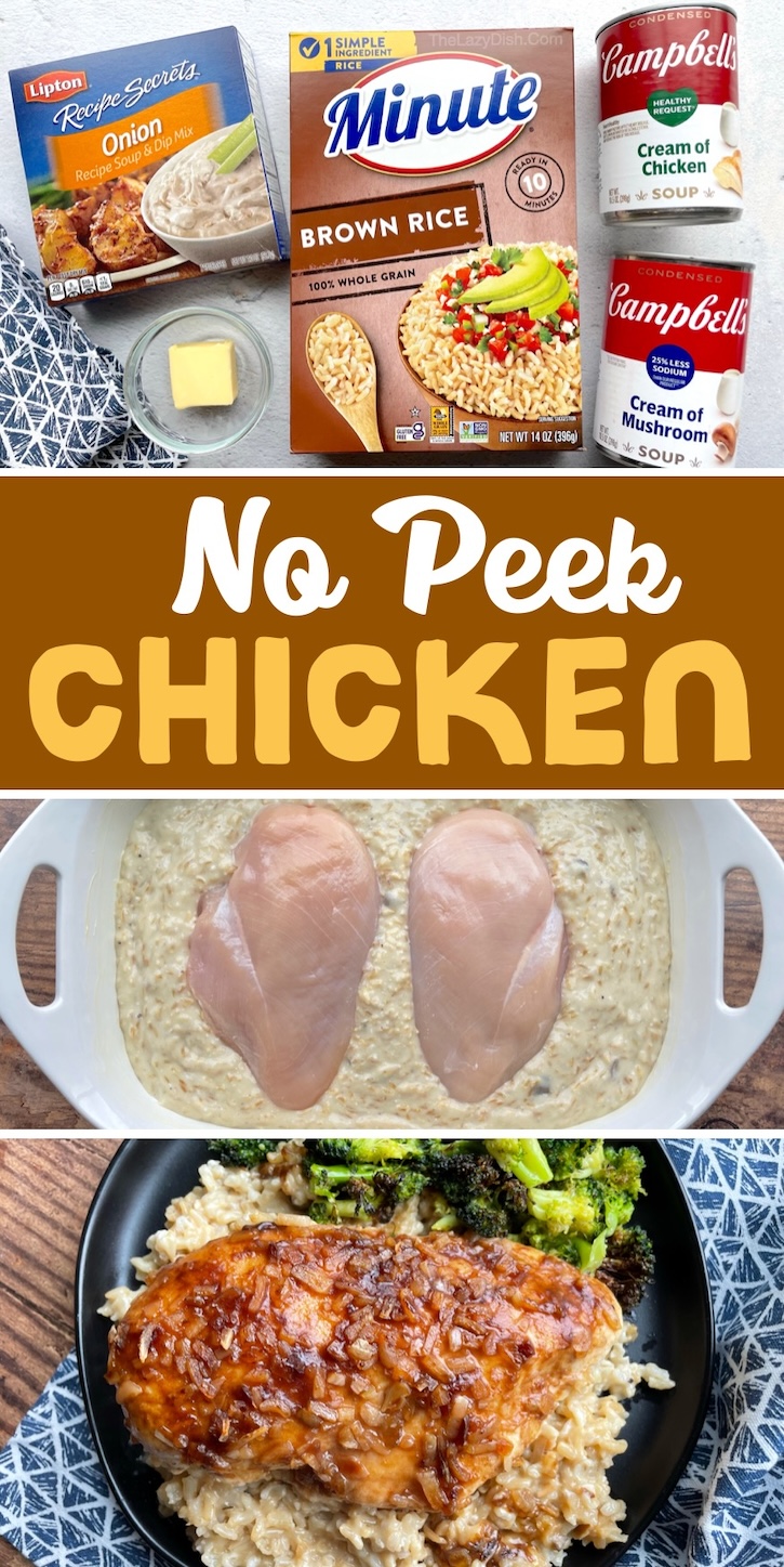 No Peek Chicken Dinner Casserole made with Instant rice! This simple meal is perfect for busy school nights, especially if you have a large family with picky eaters to feed. It only takes 5 minutes to prepare and then the oven does all the work for you. 