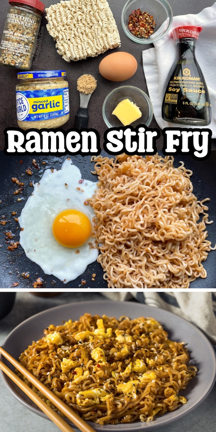 Quick, easy and delicious meal for one! This ramen noodle stir fry is made with ingredients you probably already have at home. It's also vegetarian made with egg, but you could also include some shrimp or chicken, along with any veggies that you'd like. It's so easy to make in just one pan on busy weeknights!