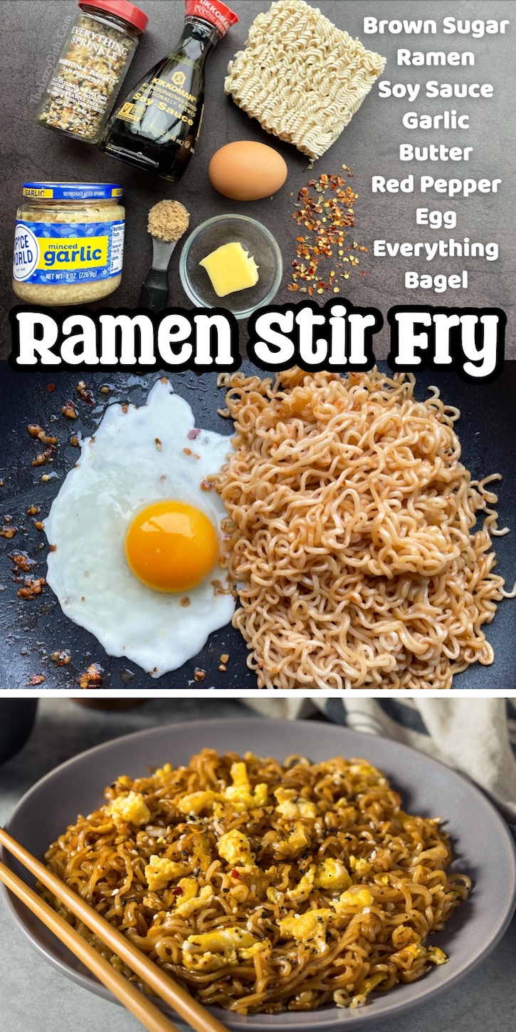 Ramen Noodle Stir Fry tossed with a sweet and spicy garlic sauce and scrambled eggs to make a delicious quick and easy vegetarian dinner! This budget friendly meal is perfect for those days when you're just too tired to grocery shop but want a satisfying meal to make. It's perfect for serving one person but can be easily made for the entire family. 