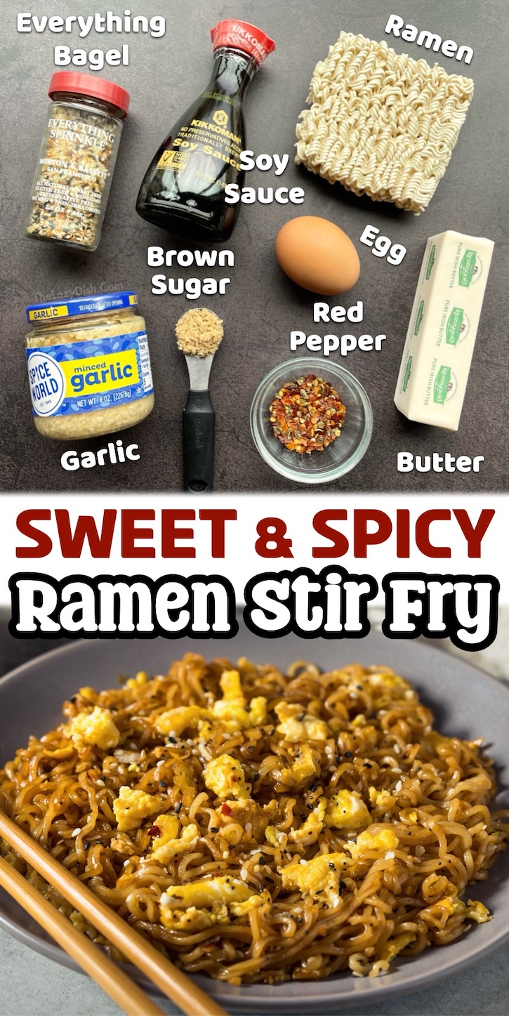 This Sweet & Spicy Ramen Noodle Stir Fry is the perfect yummy dinner for one person made with just a few ingredients that you probably already have at home including egg, garlic, soy sauce, butter, and brown sugar. An awesome last minute vegetarian meal! I almost always have these cheap pantry staples on hand. 