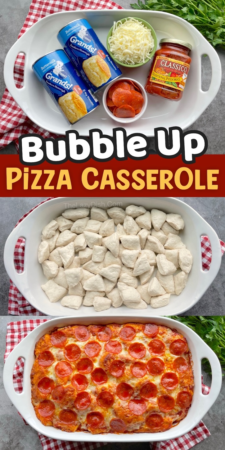 Bubble Up Biscuit Pizza Casserole | A fast meal to make on those crazy school nights when you're too tired to cook but your family is starving! This fun and creative way to make pizza is a huge hit with my picky eaters. A great dish for kids of all ages, and adults love it too! Top with pepperoni and any toppings of your choice. 