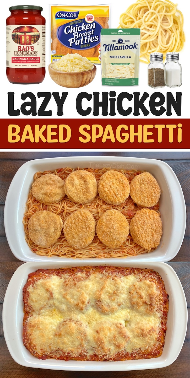 Lazy Chicken Baked Spaghetti | When it comes to dinner casseroles, this is one of the easiest and tastiest meals you've ever make! This budget friendly recipe is fast to throw together thanks to frozen chicken patties and a few other basic ingredients. It's just perfect for a large family with kids because it goes a long way and can be enjoyed leftover the next day for lunch or dinner. 