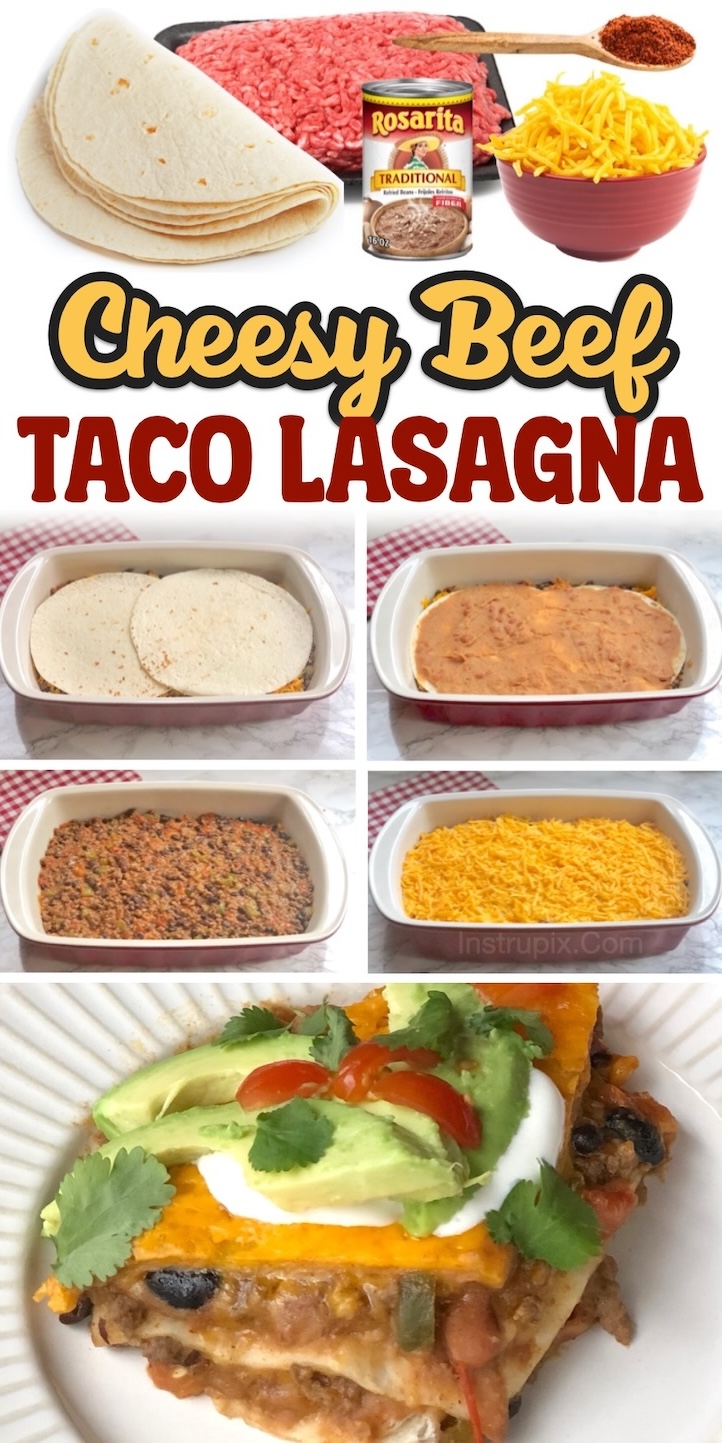 Taco Lasagna for dinner tonight! This cheesy ground beef and tortilla recipe is fun and simple to make in a large baking dish. Simply layer your favorite taco ingredients in 9x13 baking dish and bake to make a Mexican inspired lasagna. Serve with your favorite taco ingredients! Anything goes: sour cream, avocado, tomatoes, peppers, etc. 