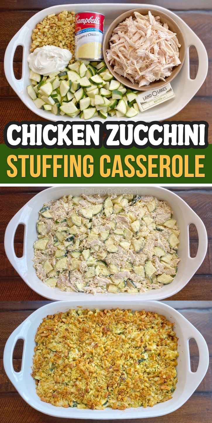 Chicken Zucchini Stuffing Casserole | If you're looking for family friendly dinner casseroles to make tonight, this yummy chicken casserole is insanely easy to make and a huge hit with my kids! Made with just a few ingredients and the chicken of your choice-- rotisserie, canned, shredded, grilled or leftover. Either way, it's comfort food loaded with veggies. My kind of meal!