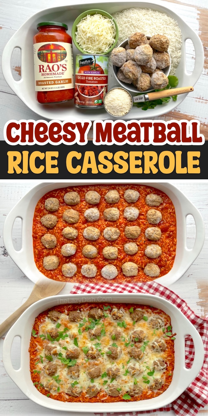 Dump and Bake Cheesy Meatball Rice Dinner Casserole | My picky kids love this amazing comfort food! This easy dinner idea is made with frozen meatballs and instant rice, making for a wonderful last minute dinner for your family. 
