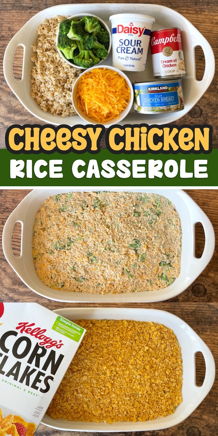 Cheesy Chicken Broccoli & Rice Casserole | Are you a busy mom with picky kids to feed? They are going to love this quick and easy dinner recipe! It's made with pantry staples, quick to throw together on busy school nights, and great leftover. You can even customize it with the veggies of your choice! We love frozen broccoli because you can simply thaw it and mix in with the rest of the ingredients. 