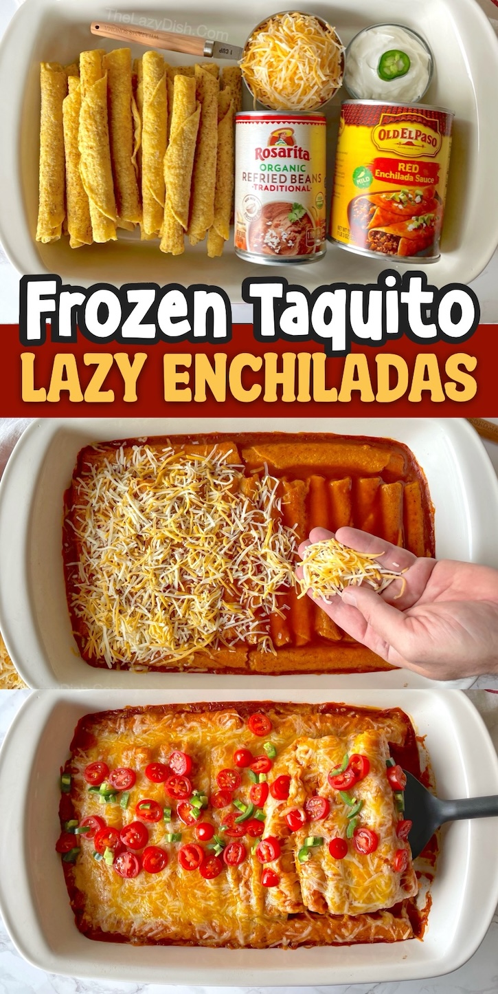 Frozen Taquito Lazy Enchiladas | This unique dinner casserole is probably the easiest meal you will ever make for your family! This is how you turn frozen taquitos into an amazing meal that you'll want to make again and again. You can change it up every time you make it with different types of taquitos and sauces. Super versatile!