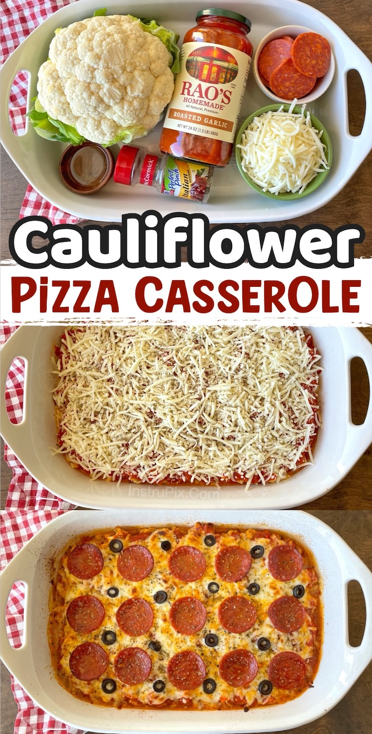 Cauliflower Pepperoni Pizza Casserole | This healthy and low carb dinner is family friendly, loaded with veggies, easy to make, and absolutely delicious! Yes, you can make a healthy dinner casserole that your picky kids will enjoy. They have no idea the base is made with cauliflower, they just love pepperoni and cheese! A great way to sneak in some veggies. 