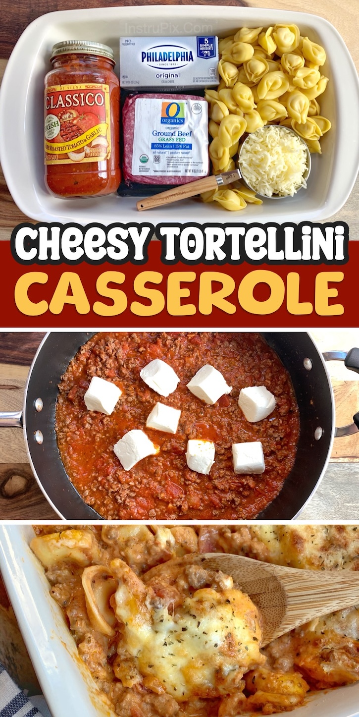 Cheesy Tortellini Casserole With Meat Sauce | This popular Italian inspired pasta recipe is one of the best meals you'll ever make. It has a ton of shares and positive reviews! The hamburger meat is mixed with pasta sauce and cream cheese, making for a savory and filling meal that will feed a large family. Great leftover too, so you can get several meals out of it. 