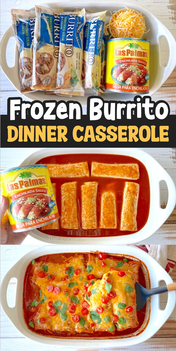 Your won't believe how yummy this easy dinner casserole is! Yes, frozen burritos, enchilada sauce, and shredded cheddar cheese to make a simple last minute meal for busy weeknights. This casserole is very similar to enchiladas, in fact, that's what my entire family thought it was. As a busy mom with kids, this is one of my favorite school night dinners. No hassle, super delicious, and great leftover!