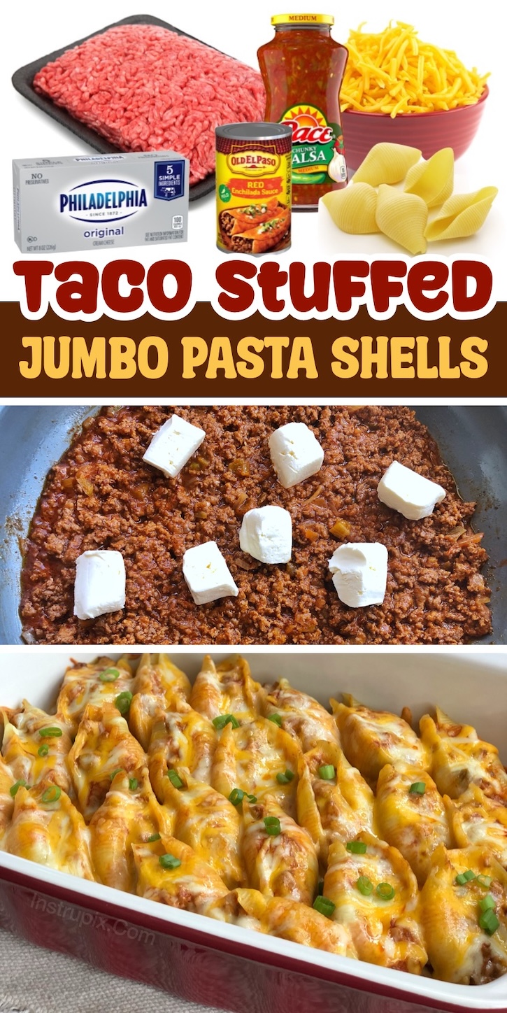 Taco Stuffed Jumbo Pasta Shells | This creative recipes fuses Mexican food with Italian, making for a fun dinner idea your family will want you to make again and again! This cheesy comfort food can be enjoy with optional taco toppings such as sour cream, avocado, diced tomatoes, or anything else to make it extra yummy. 