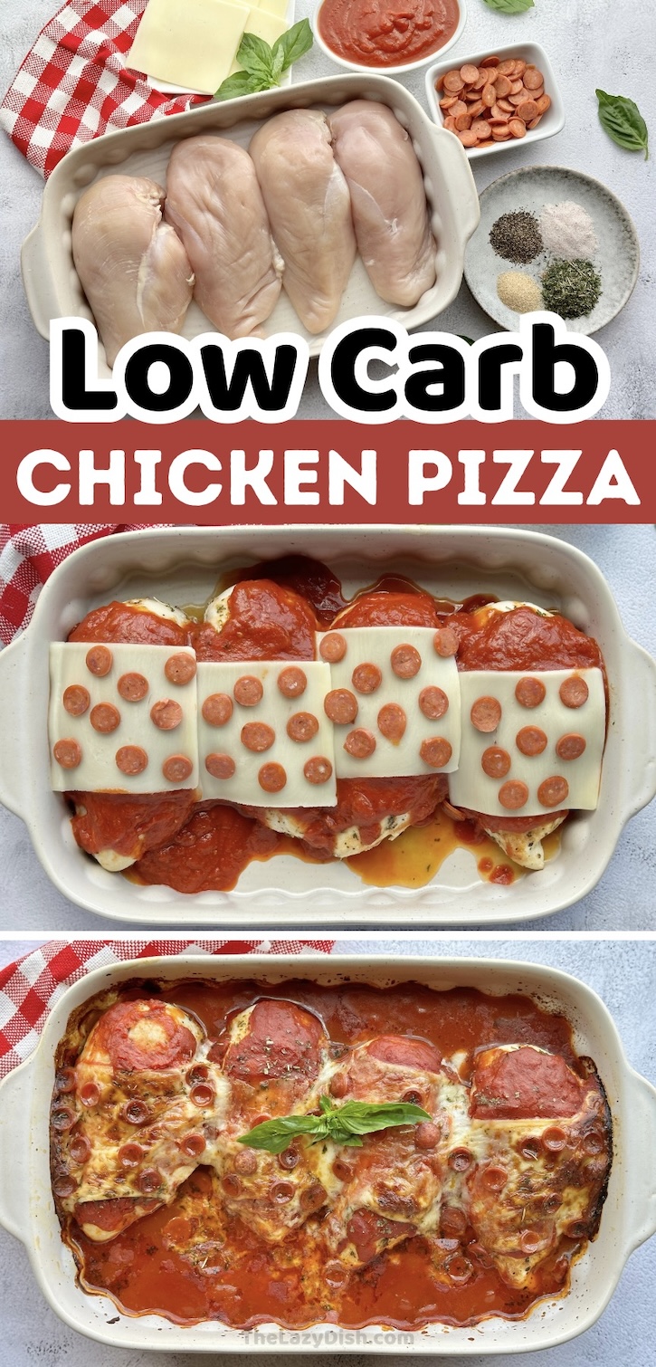 this low carb, keto friendly chicken pizza is perfect for those watching their waistline. This recipe is easy to make and your entire family is going to love it. Plus, this dinner recipe is super customizable. Make everyone's favorite pizza bake today. 