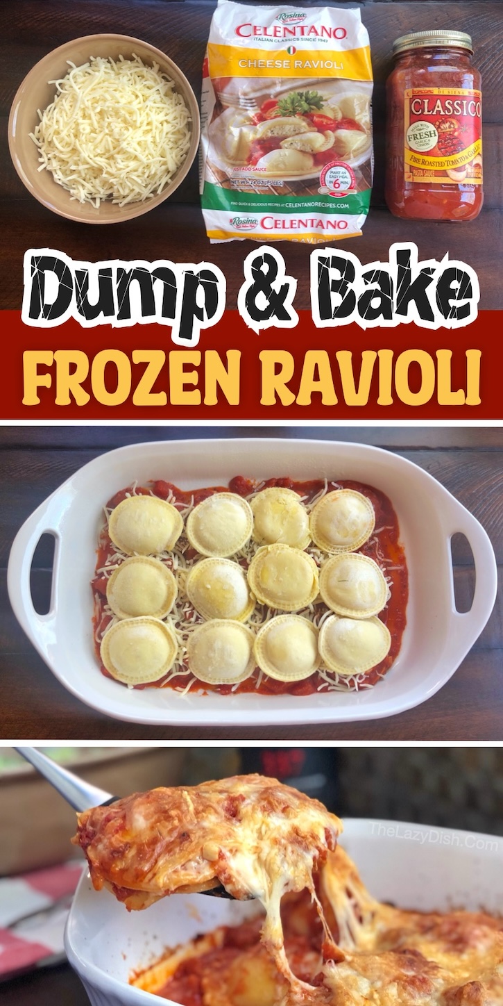 Dump & Bake Frozen Ravioli is a popular dinner casserole also known as Lazy Lasagna! Do you have 5 minutes to prepare dinner? This recipe is for you! Simply layer frozen ravioli, pasta sauce and cheese in a casserole dish and bake until hot and bubbly. You can completely customize this one pan meal with the layers of your choice-- veggies, ground beef, sausage, herbs, etc. 