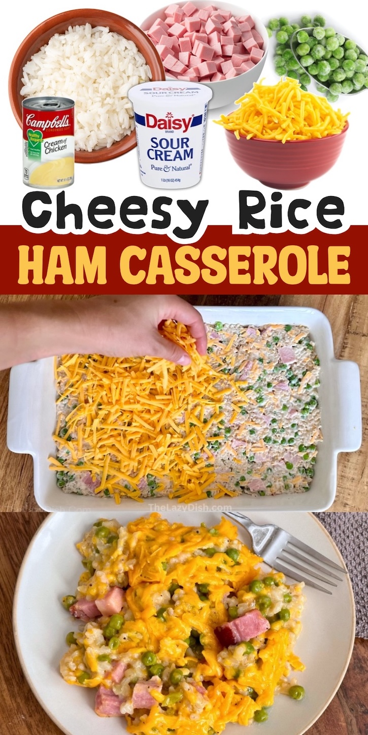 Cheesy Rice & Ham Dinner Casserole | Are you looking for easy meals to make for dinner tonight? This delicious rice casserole is simple and cheap to make with cubed ham! I make it every year with leftover ham from the holidays, but it can be enjoyed as a comforting dinner anytime of the year. 