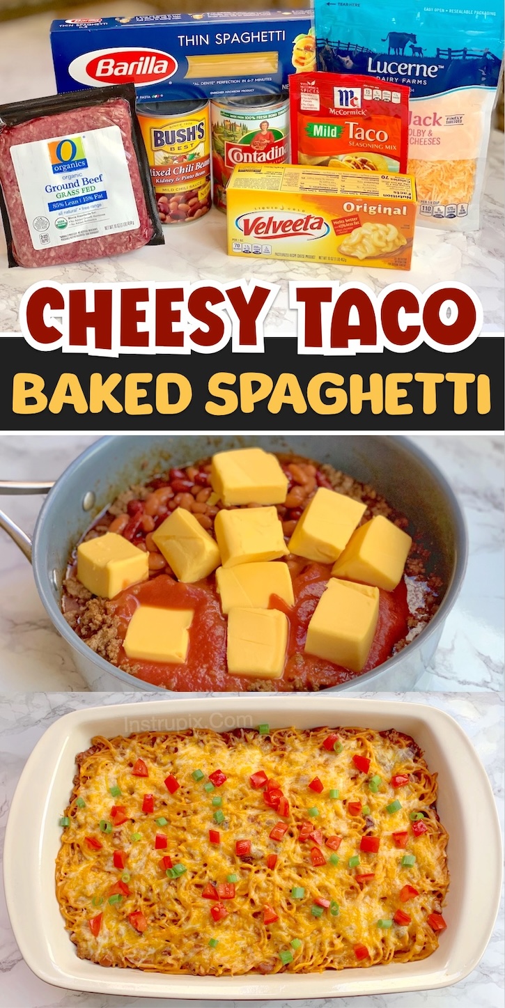 Cheesy Taco Baked Spaghetti Casserole | If you want to make a delicious meal that your picky family will beg you to make again, you've got to try this creative pasta casserole! It's got everything you love in a taco or burrito mixed with spaghetti and then baked until hot and gooey. 