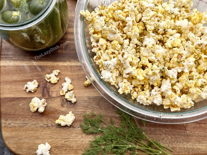 How to make the best dill pickle popcorn with just 7 ingredients. The perfect snack recipe that everyone will love. 