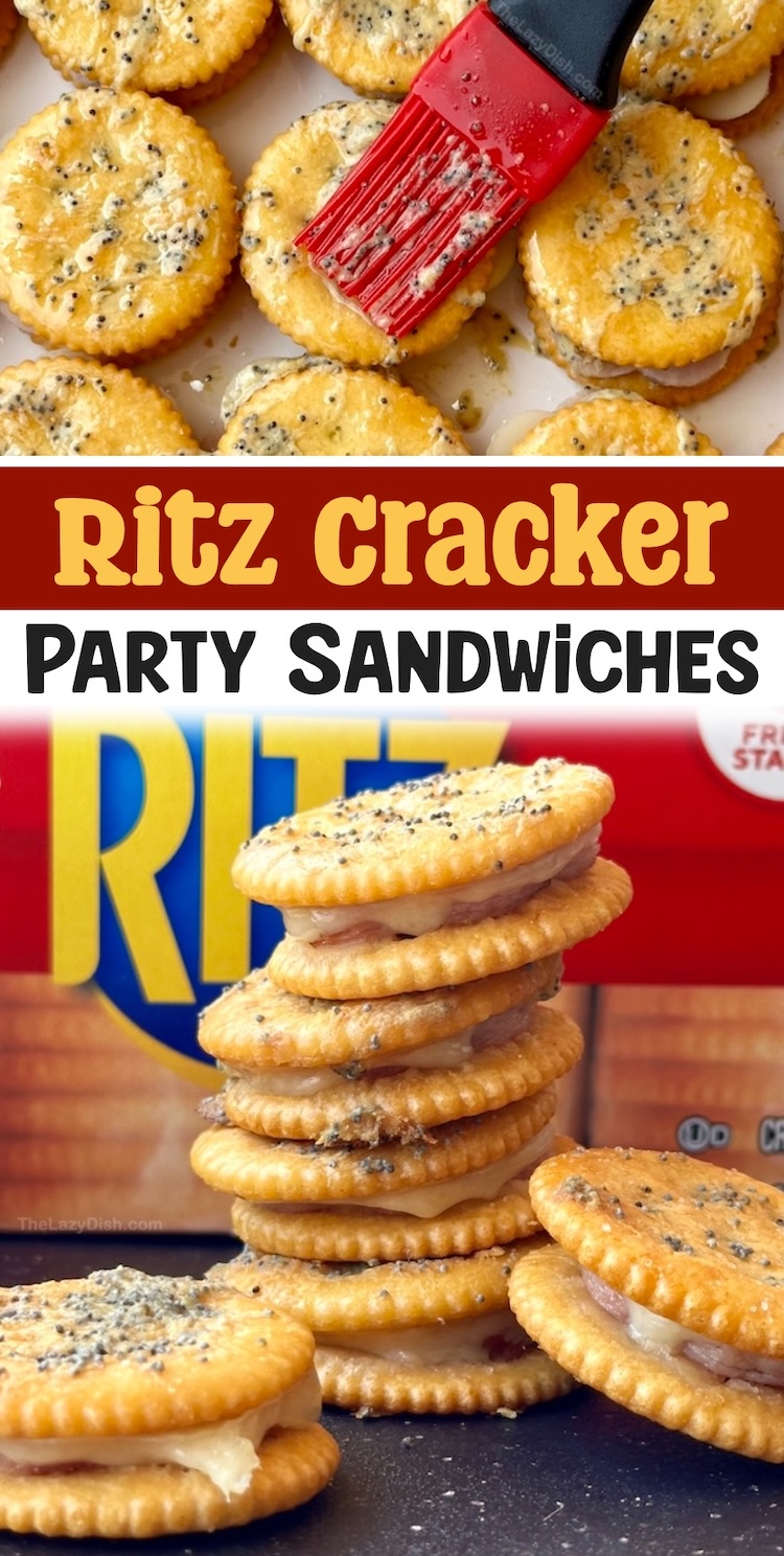 How to make the most amazing party food with Ritz crackers! Simply layer with cheese and ham, brush with seasoned butter, and bake to make yummy finger food for your friends and family. 