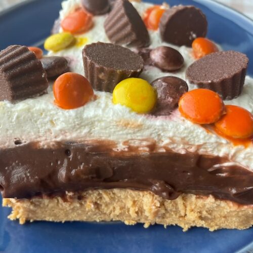 Delicious no bake layered cold dessert made with Nutter Butter cookies, cream cheese, peanut butter, chocolate pudding, and Cool whip.