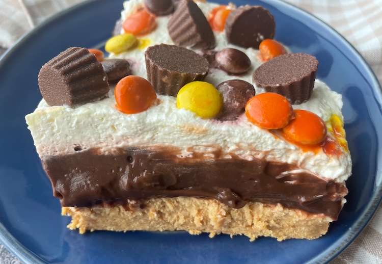 Delicious no bake layered cold dessert made with Nutter Butter cookies, cream cheese, peanut butter, chocolate pudding, and Cool whip.