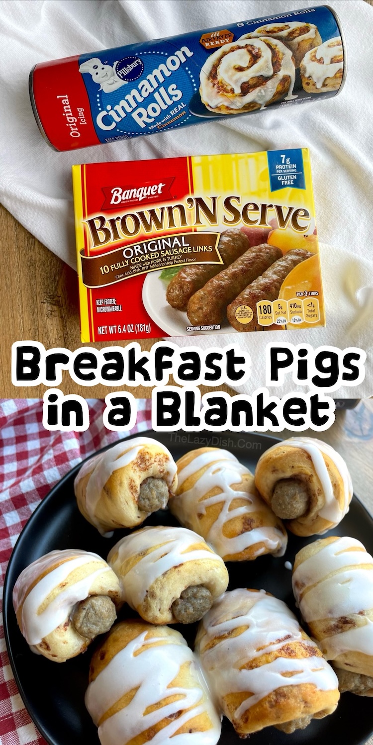 Your kids are going to love this delicious breakfast idea! Breakfast pigs in a blanket made with just 2 ingredients including Pillsbury cinnamon rolls and frozen sausage links, making for a quick and easy special breakfast recipe. 