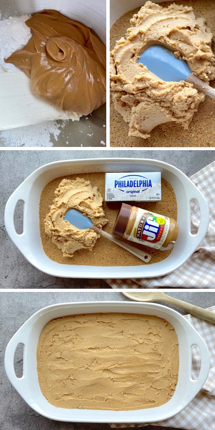 No bake peanut butter cheesecake and chocolate pudding with a nutter butter cookie crust. The best homemade dessert for parties!