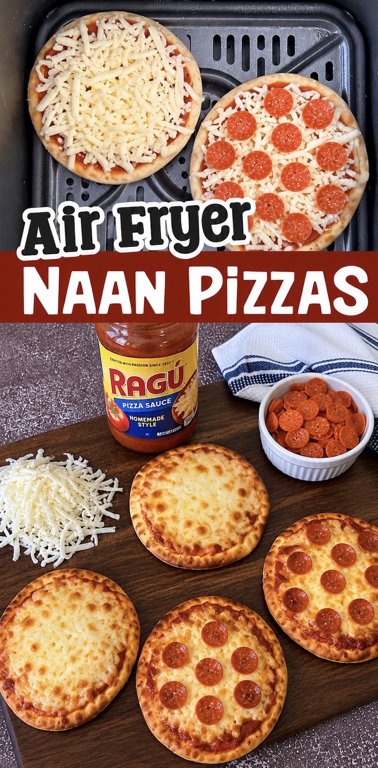 Delicious Pepperoni Pizzas made in less than 5 minutes in your air fryer! Naan rounds make for the perfect little pizza crusts, making dinner time fast and easy to make for your kids. This yummy pepperoni dinner is idea for busy casual weeknight meals at home.