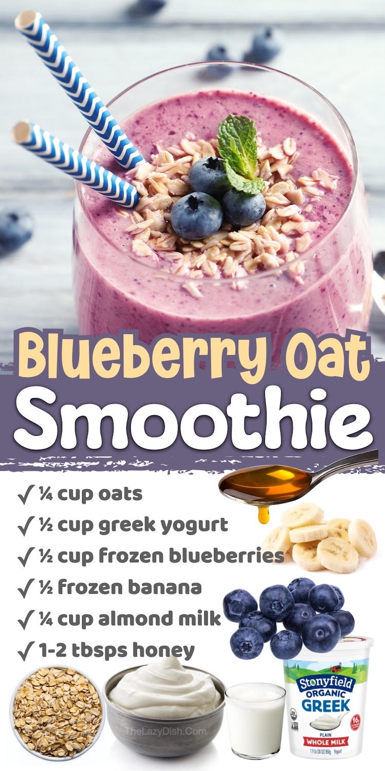 Number 2 on the List of Healthy but Delicious Smoothie Recipes | Blueberry Oatmeal Smoothie made with greek yogurt and frozen banana for a quick breakfast your kids will love. Easy to make with frozen fruit, oats, and milk!