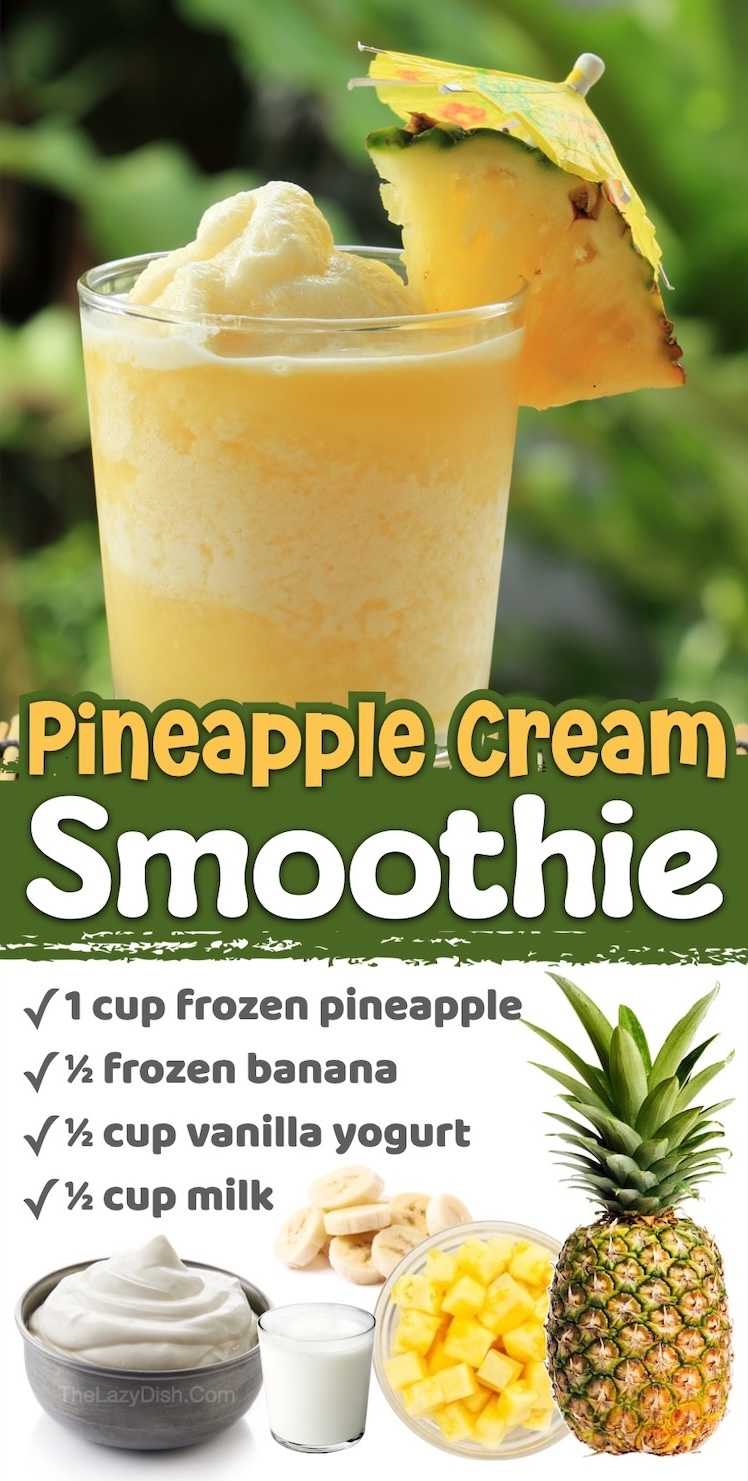 Number 9 on The List of Easy Fruit Smoothie Recipes Made With Healthy Ingredients | This creamy pineapple smoothie is kid friendly, easy to make, and only requires a few common ingredients. Customize it with the milk and yogurt of your choice! It can be enjoyed for a fast breakfast or yummy treat in the summer time. 