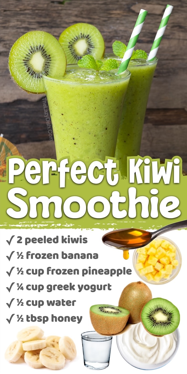 Number 10 on The List of Healthy Fruit Smoothie Recipes For Summer | Yummy Kiwi Smoothie made with frozen bananas, pineapple, and greek yogurt to make a green smoothie that tastes like dessert! My family uses the blender almost every day in the hot summer months to make smoothies for breakfast or afternoon treats we can sip on by the pool. 