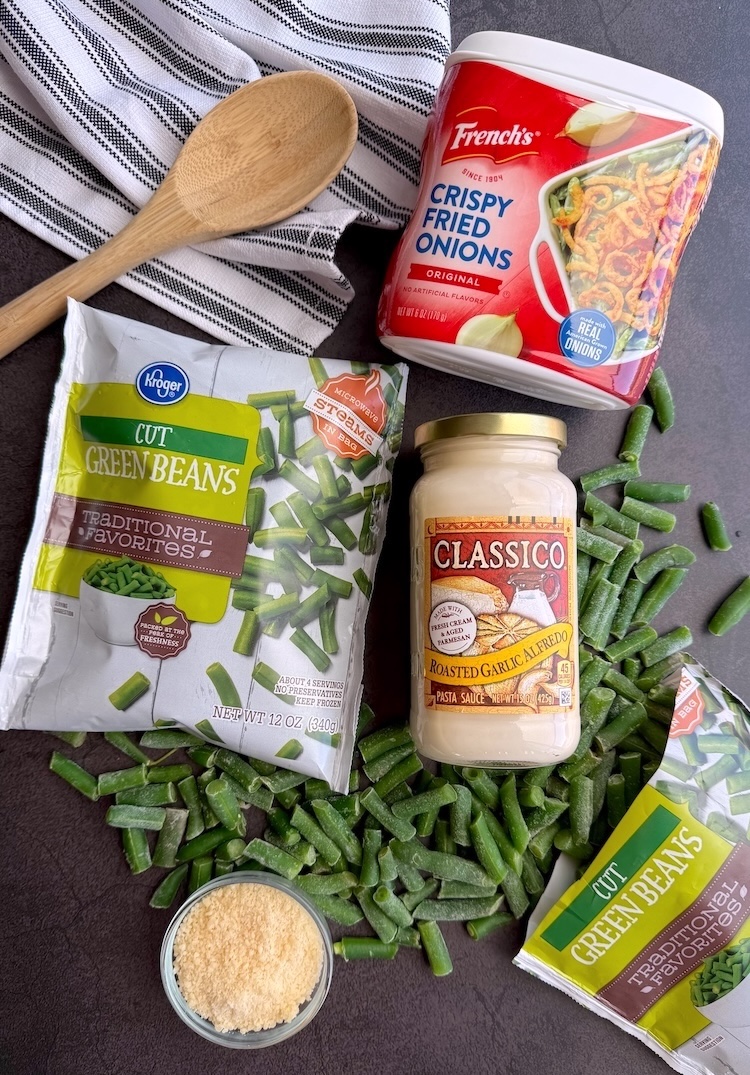 Simple ingredient for making the best green bean casserole with Alfredo sauce instead of soup. 