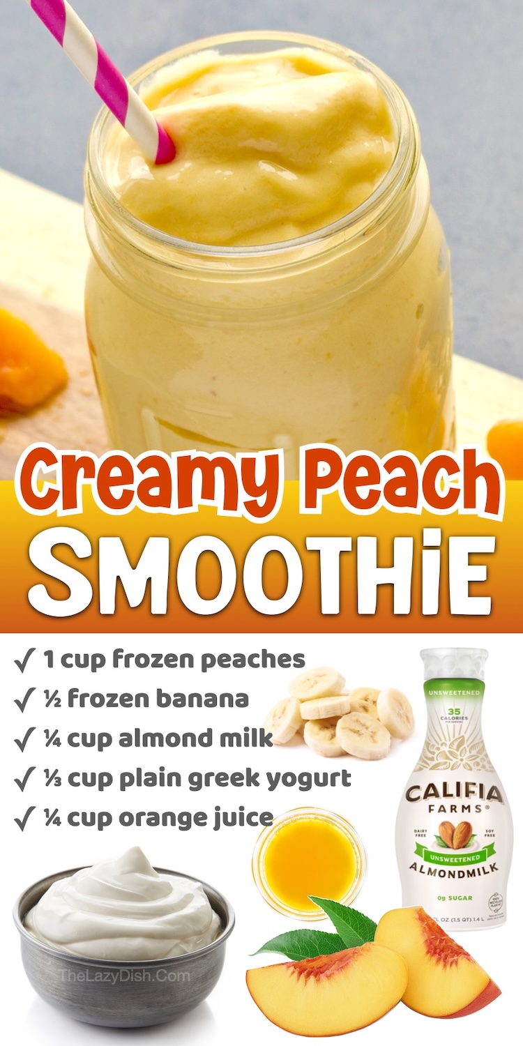Number 3 on the List of Easy & Healthy Smoothie Recipes To Make | This Creamy Peach Smoothie is yummy and refreshing yet made with healthy ingredients! The perfect fruity yet creamy cold drink in the summer time that can be enjoyed for breakfast or an afternoon treat. 