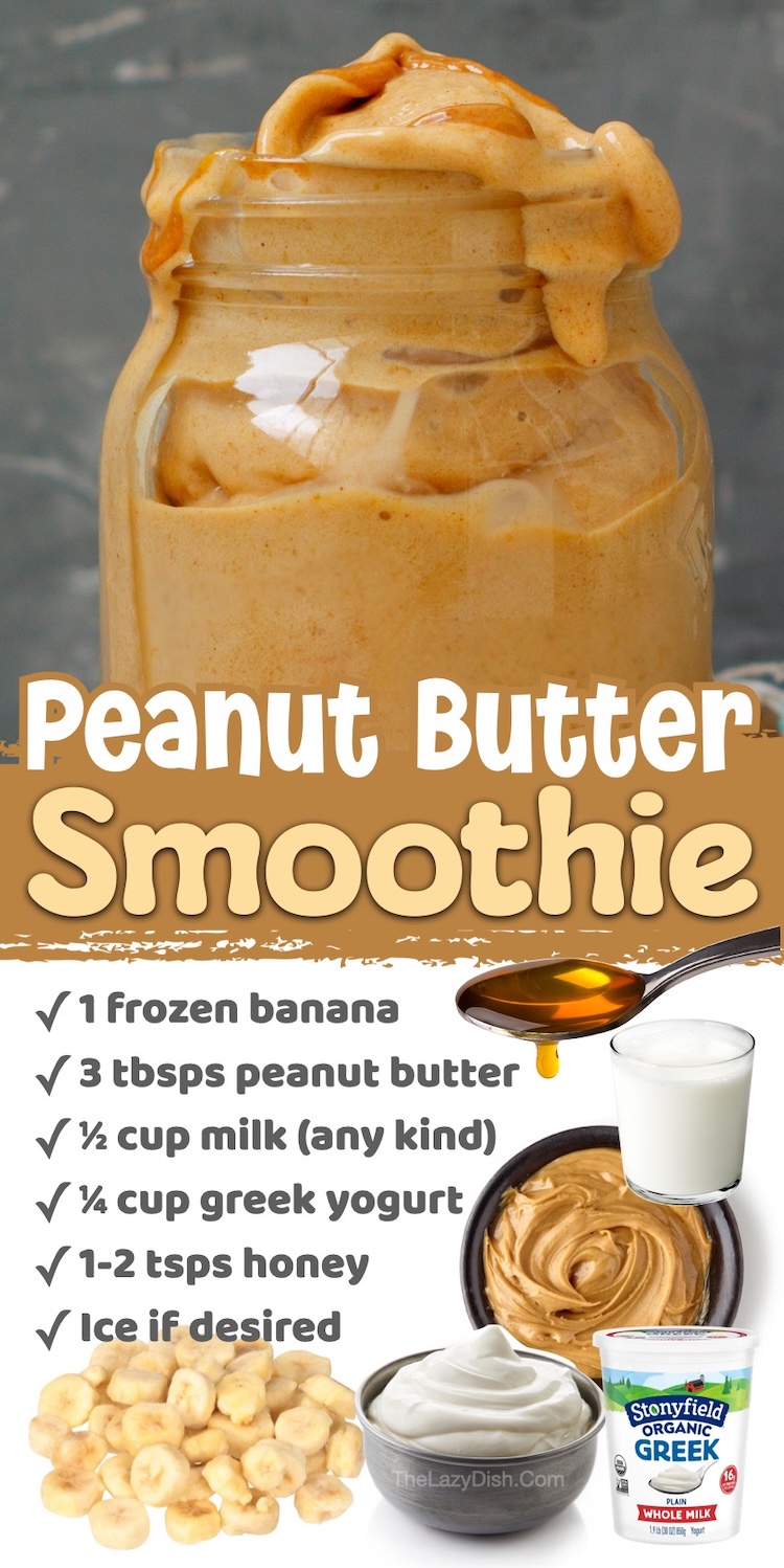 Number 5 on the List of Healthy Easy Smoothie Ideas | Yummy clean eating peanut butter smoothie made with plain greek yogurt and frozen bananas to make it extra creamy and delicious. You would never guess this smoothie is healthy! It tastes like an indulgent summer treat that you don't have to feel guilty about. 